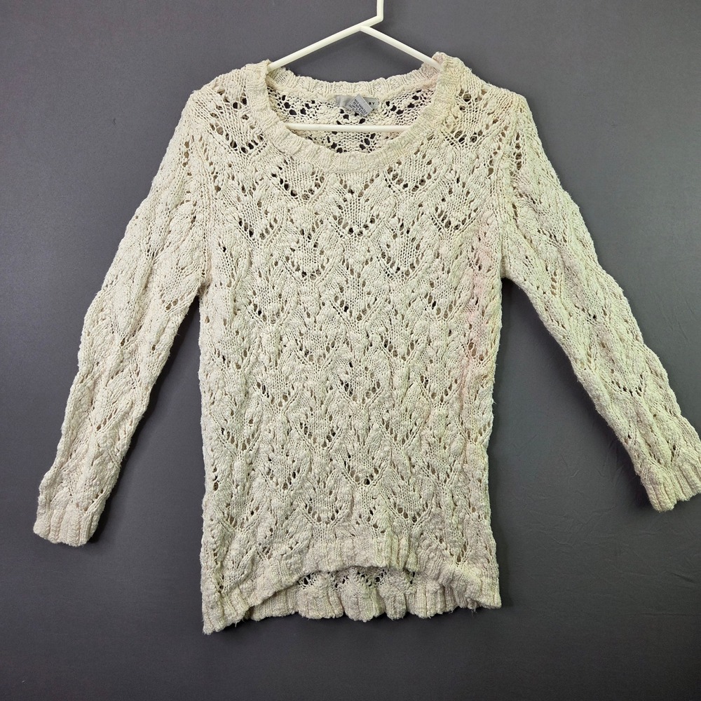 WD-NY Sweater Womens Large Cream Crochet Pointelle Open Knit Long Sleeve Cotton